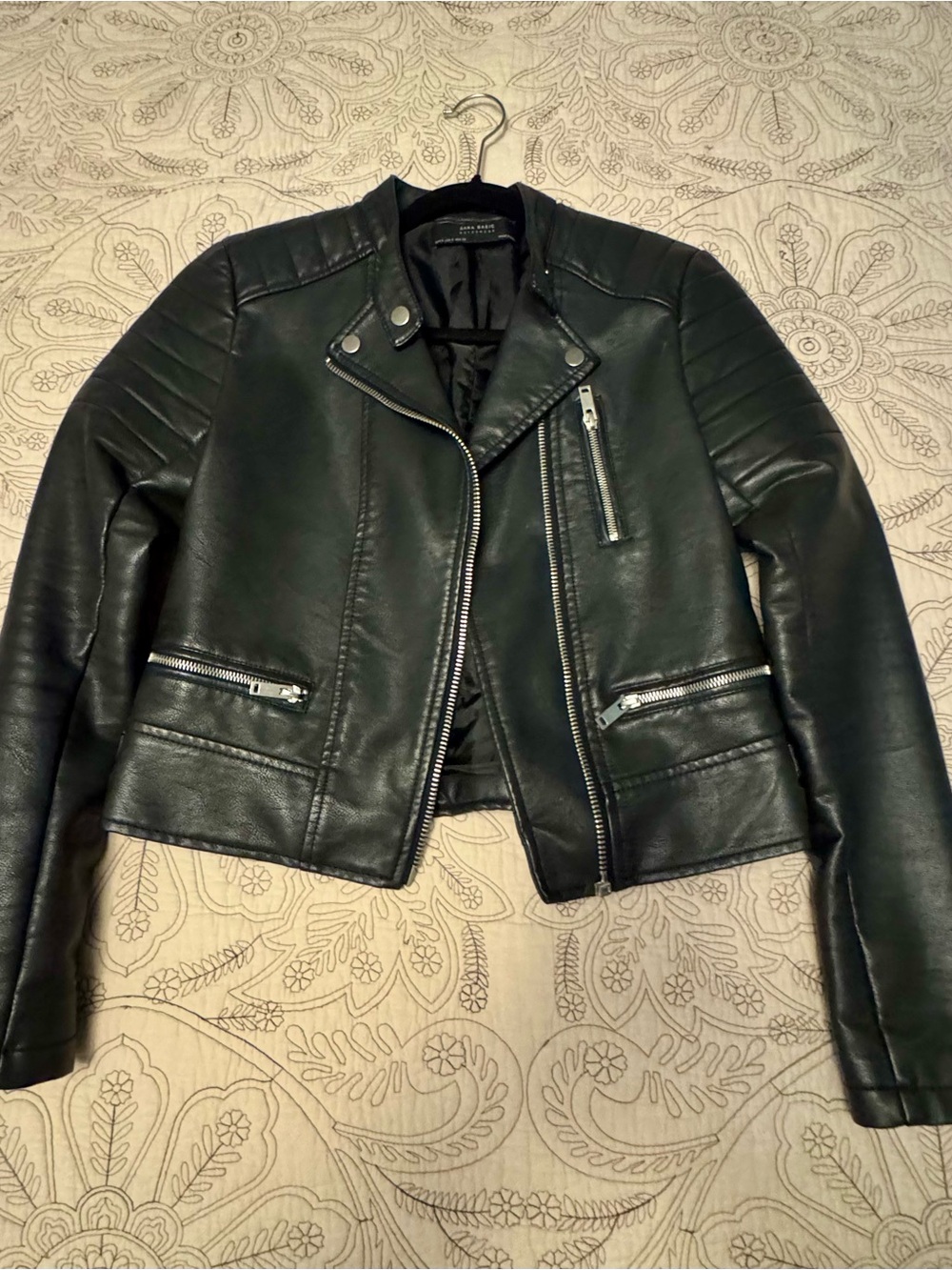 Zara Black Faux Leather Moto Jacket with Silver Zips